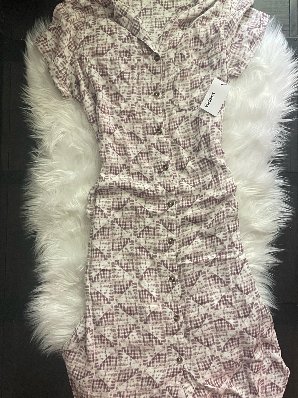 Sonoma Mauve & White Printed Button-Front Midi Dress